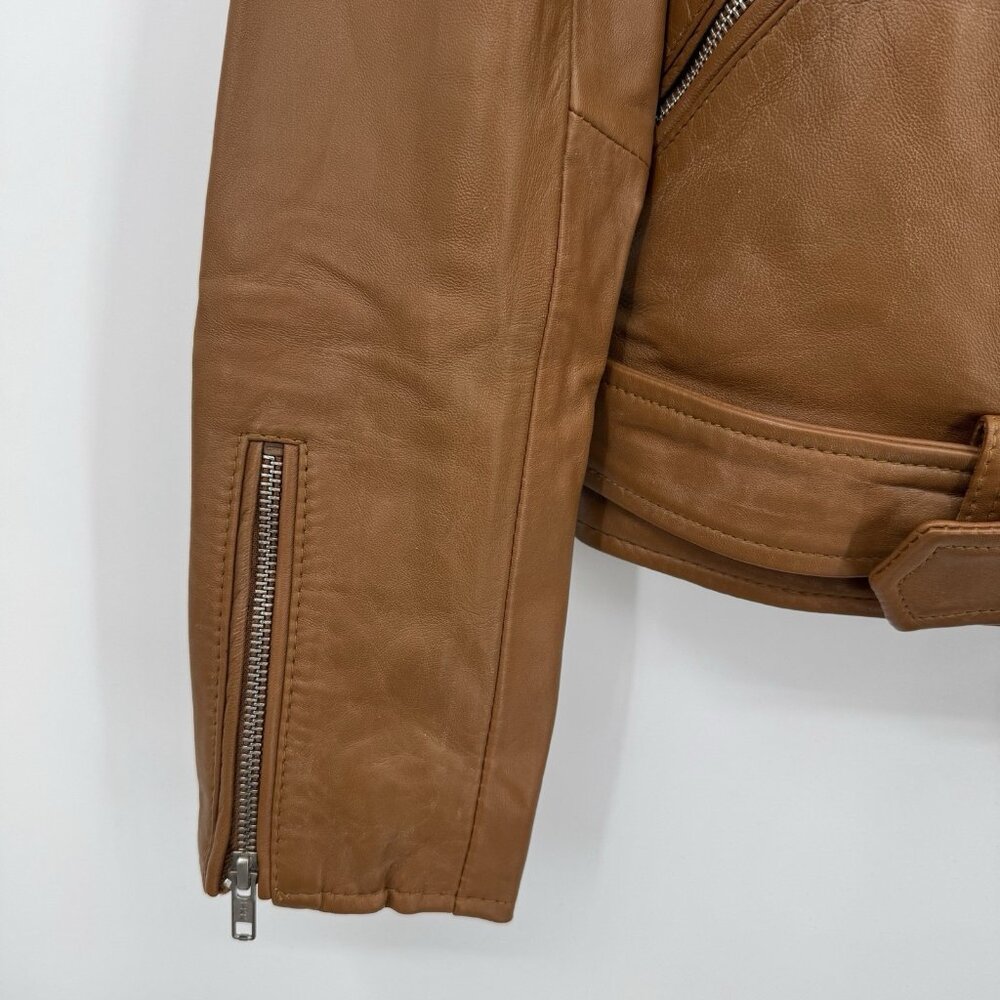 Quince Women's Cognac Leather Motorcycle Jacket size XS Sheep Leather Belted - Picture 5 of 16